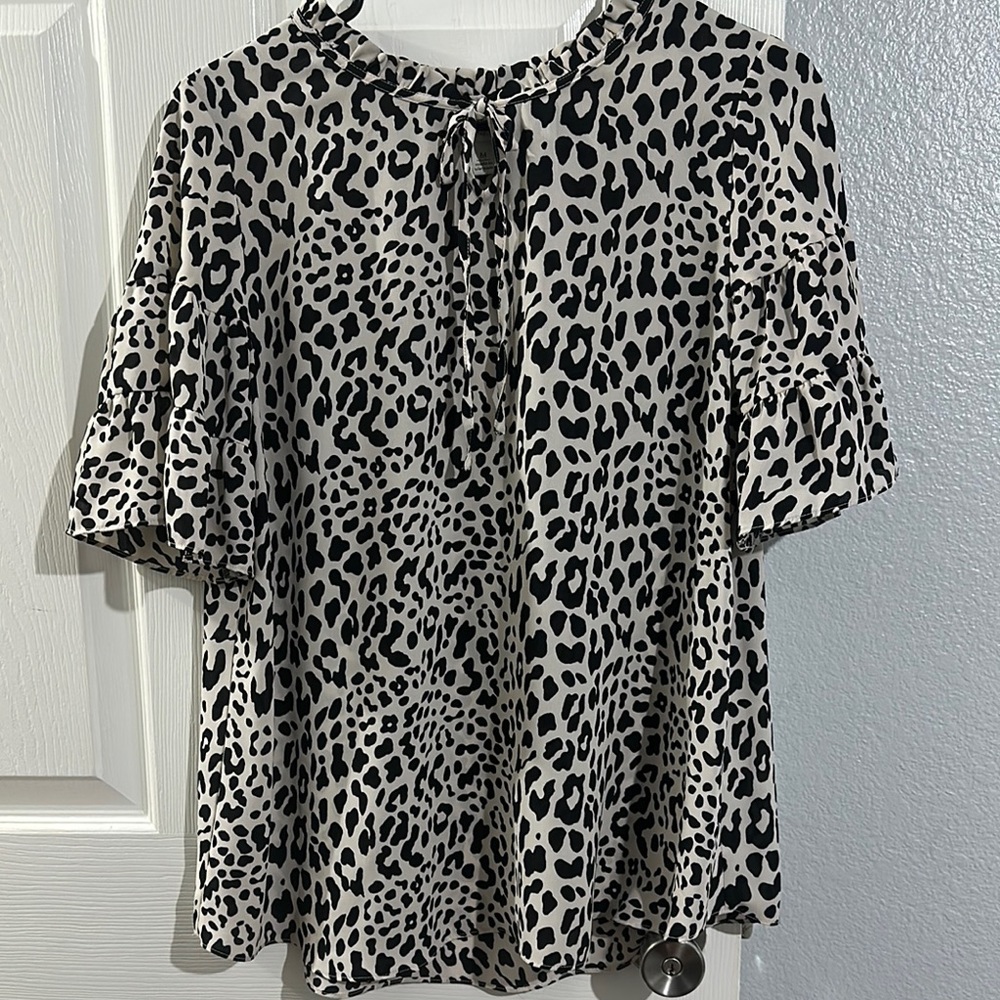 Cato Black and White Bell Sleeve Blouse with Tie Front